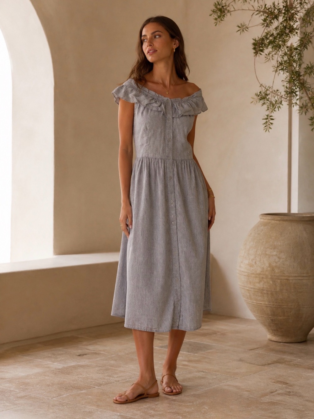 MICHAEL Michael Kors Off-Shoulder linen Ruffle Midi Dress in Light Gray